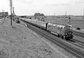 Less than twelve months old, Swindon-built Warship No. D806 'Cambrian' heads the Up 'Torbay Express' through Iver in May 1960. Photo: Derek Cross.