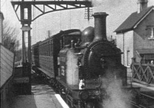 Southern Railway (ex LBSCR) D1 class 0-4-2T No. 2356 propels a Horsham train out of Shoreham-by-Sea, as filmed by Eric Sparks, ca. 1938. Image credit:  Old Steam Railways, ca. 1938 filmed by Eric Sparks [Screen Archive South East]  