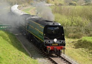 34081 92 Squadron approaches Norden. 1R18 14.20 Swanage to River Frome. 31st March 2017