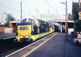 Preserved Deltic D9000 Royal Scots Grey passes Stowmarket working the 1700 Liverpool Street to Norwich on 1 September 1998.