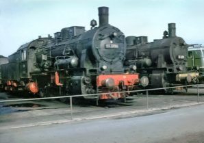 DB ex-Prussian Class G8.1 0-8-0s Nos. 55 3706 and 55 4176 stand around the turntable at Duisburg shed on 26th April 1964. Image Credit: Michael Reade.