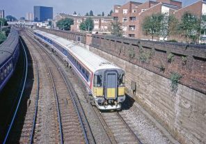 Unidentified Class 442 unit between Portsmouth & Southsea and Fratton. September 1994. Photo: Mark Richards