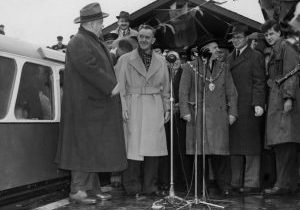 A young Ian Allan (far right)sharing centre stage with no less than Laurel and Hardy at the reopening of the Romney, Hythe and Dymchurch Railway in 1946. Image credit · Ian Allan Group