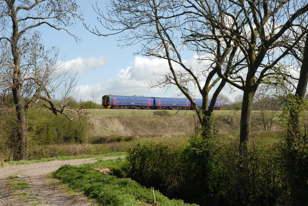 For several years First Great Western operated a small fleet of 3-car class 158 DMUs formed by splitting several 2-car sets. They usually worked the Cardiff Central to Portsmouth Harbour service, as in this view of the 12.30 Cardiff to Portsmouth taken on 8th April 2009, photographed near Pilning on the climb from the Severn Tunnel to Patchway.  In the years since the photograph was taken, electrification of the line and growth of vegetation have made lineside photography here much more difficult. Image credit: Stewart Jolly
