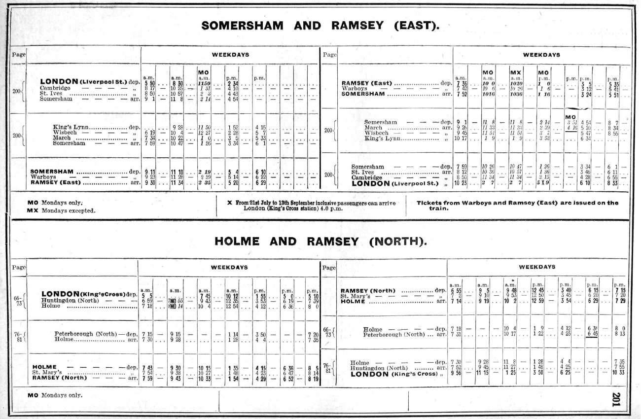 19240714-LNER-Passenger-TT-Ramsey-North-East-Branches-LNER-Society-E1 The LNER's Summer 1924 timetable shows both the Ramsey North and Ramsey East branches in operation, before the LNER made a number of cutbacks to its rural services in the early 1930s (which included withdrawal of passenger services from Ramsey East 22nd September 1930). In the Summer of 1924 the Ramsey North branch offered seven trains, timed at convenient points throughout day, with generally good connections at Holme for the North and the South. Image Credit: The LNER Society.