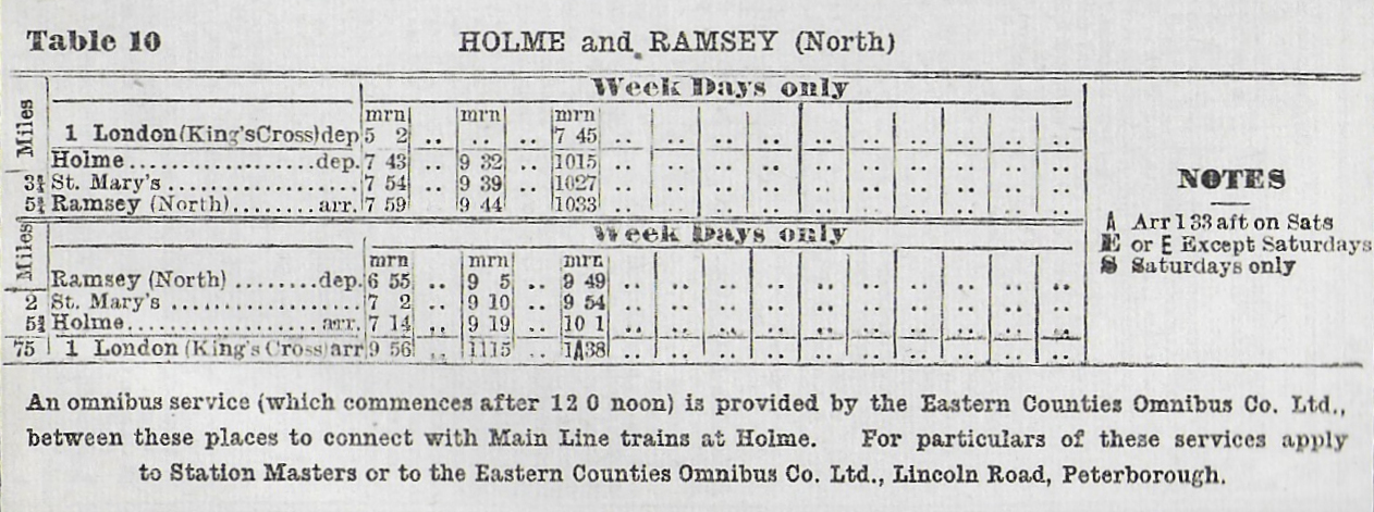 19390703-LNER-Passenger-TT-Ramsey-North-Branch-Alan-Jones-E2 From February 2nd 1931, the LNER reduced the passenger service on the Ramsey North Branch to just three trips per day, all in the morning, as the effects of competing bus services began to bite. These are seen in the Summer 1939 timetable shown here. The fact that the bus service commences in the afternoon would suggest some collaboration between the LNER and the Eastern Counties Omnibus Company. Photo: Alan Jones.