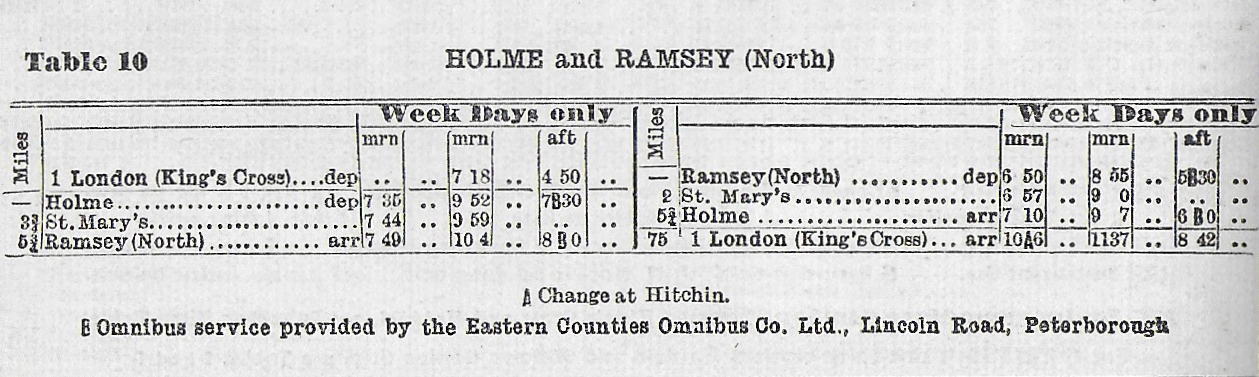 19410728-LNER-Passenger-TT-Ramsey-North-Branch-Alan-Jones-E2 The wartime service over the Ramsey North branch was minimal, comprising two out and back trips from Ramsey to Holme in the morning. Additional trains ran for Service personnel based at nearby RAF Upwood, but these we not advertised in the public timetables. Photo: Alan Jones.