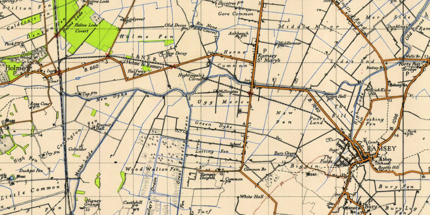 19460000-Ramsey-North-Branch-Map-E1W A 1946 One Inch Ordnance Survey Map of the Ramsey North Branch showing the tight curve to the East after Holme station, then Whittlesea Mere and Long Drove crossings followed by the line's only significant engineering feature - the bridge over New Dyke. This is followed by Ramsey St Mary's station, by the delightfully-named Ugg Mere, and finally the the run over New Fen into Ramsey North. The Great Northern and Great Eastern Joint station, which lost its passenger service in September 1930, can be seen to the South of the Town. Map reproduced with the permission of the National Library of Scotland. Copyright CC-BY.