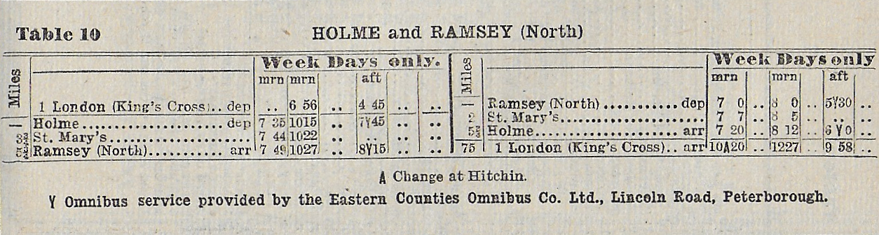 19460800-Bradshaw-Ramsey-North-Branch-Alan-Jones-E2 Bradshaw's August 1946 Guide, showing the Ramsey North branch passenger timetable in close-to its final form, comprising two trips per day. Interestingly, the pattern of running a goods train down to Ramsey first and then running the two passenger workings as out-and-back journeys from Ramsey persisted to the end. Photo: Alan Jones.