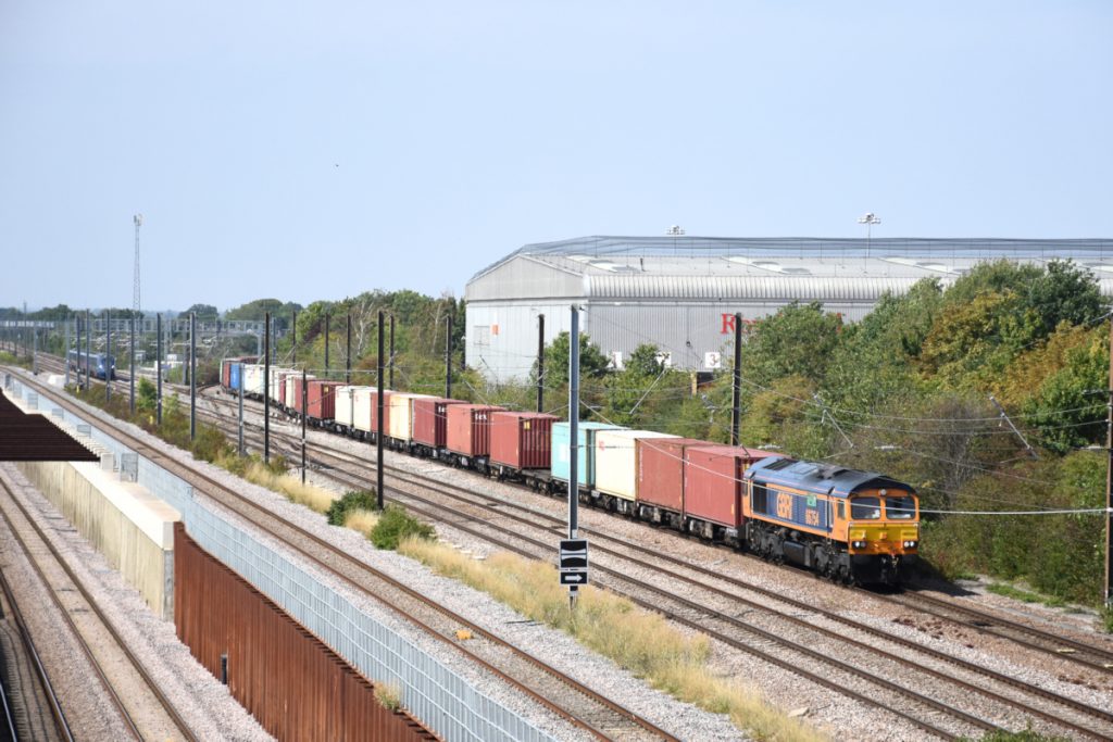 20250811-WERRINGTON-Jc-66754-4L11-11 Southbound container trains that are recessed at Peterborough generally come off the Joint Line and run along to Up Slow to reach the North Yard. Doing just this on August 11th 2025, GB Railfreight Class 66 No. 66754 works 4L11, 11.38 Masborough to Felixstowe North. The Newell and Wright sidings at Masborough occupy the site of the former Masborough Sorting Sidings, which connected Templeborough and Ickles steel works to the Midland line. Photo: Alan Jones.
