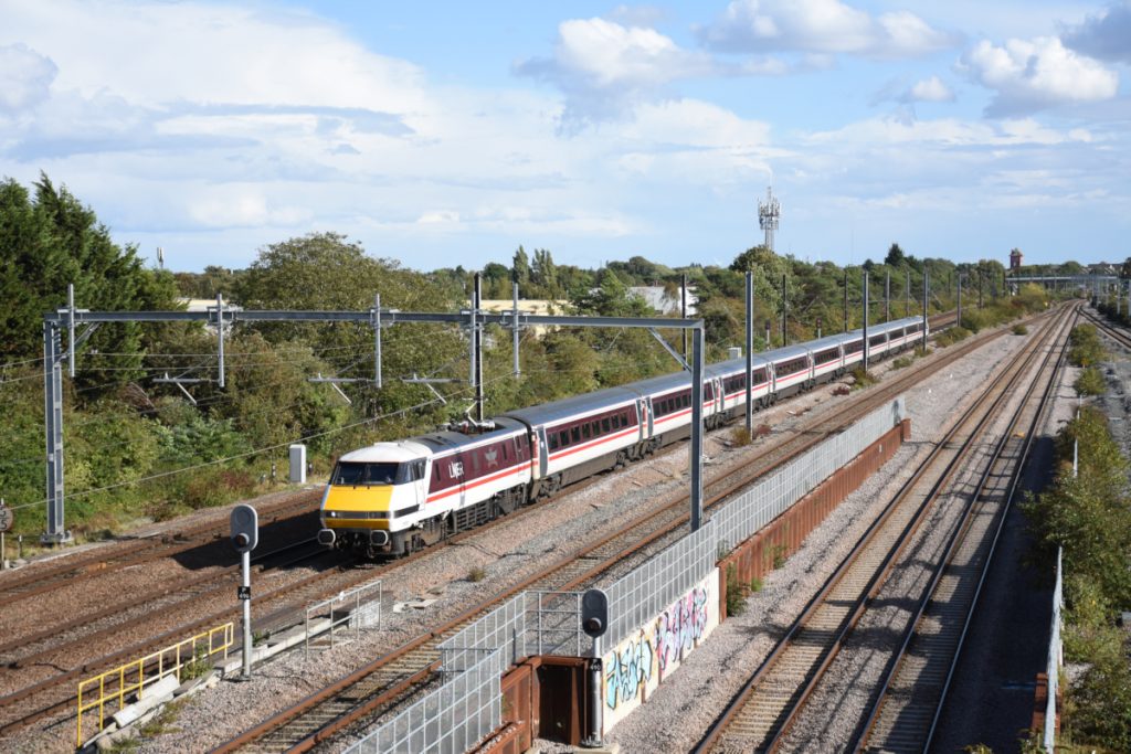20250913-WERRINGTON-Jc-91101-FLYING-SCOTSMAN82211-1N87-15 Immediately identifiable by its uniquely shaped nameplate, LNER Class 91 No. 91101 'Flying Scotsman' races towards Werrington Junction on Saturday September 13th 2025 with 1N87, 15.06 Kings Cross to York. It would be very fitting if this locomotive were to haul the final Class 91 working and then to pass into the National collection. Photo: Alan Jones.