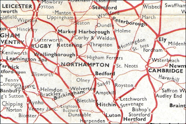 Map of the Kettering-Cambridge Line from the Summer 1954 British Railways LMR Timetable, showing the cross-country nature of the route. After leaving Kettering to the South, the line swings East to Thrapston, where it crosses the LNW Northampton-Peterborough line. After Thrapston the line turns South-East towards Kimbolton and East to Huntingdon. Here it passes under the Great Northern main line and into the sharply-curved Platform 3 at Huntingdon East where it joins the Great Northern and Great Eastern Joint Line to St Ives. At the V-shaped St Ives station, the Joint Line heads off in the opposite direction to March, whilst the Branch continues through fruit-growing parts of Cambridgeshire to join the Great Eastern line at Chesterton Junction and in to Cambridge. The typical journey time for the circa forty-eight miles from end-to-end for a stopper in the 1950s was around an hour and forty minutes, at an average speed of a little under 30 mph. But what a beautiful way to travel - and faster than the 2 hours 20 minutes needed to make the journey today via London! Photo: Alan Jones.