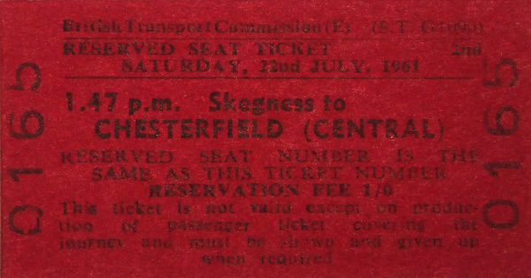 19610722-SKEGNESS-Reservation-on-1 During the 1950s and 60s Summer Saturday passenger loadings from seaside resorts were so great that strict ticket regulation was needed. Seat reservation tickets were printed for specific trains on specific days, giving an indication of the scale of the operation! This example is a reservation ticket for the 1.47 pm Skegness to Chesterfield Central on Saturday 22nd July 1961 - an interesting working that travelled via Woodhall Junction, Lincoln Central, Torksey and round the Waleswood Curve on to the Great Central. Photo: Alan Jones.