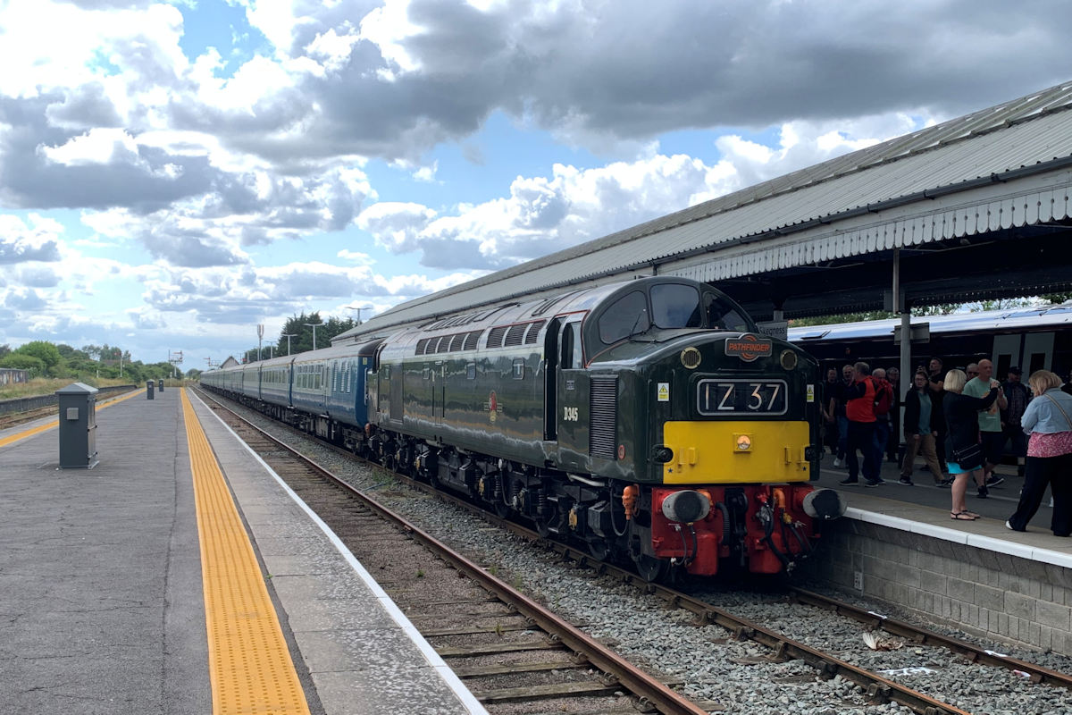 20240727-SKEGNESS-40145-05 On Saturday July 27th 2024, beautifully-restored English Electric Class 40 No. D345 (40145) is seen at Skegness after arrival with 1Z37, Pathfinder Railtours' "The Jolly Whistler" from Burton-on-Trent. The tour travelled via Birmingham New Street, Wolverhampton and Crewe to Manchester Victoria via Chat Moss and then over the OA&GB to Stockport, Sheffield and the GC and Joint Line to Sleaford and Skegness. The return suffered some delay due to problems with the run-round in the carriage loop at Skegness, but a splendid day of vintage traction to the Coast was enjoyed by all. Photo: Jeremy Hunns.