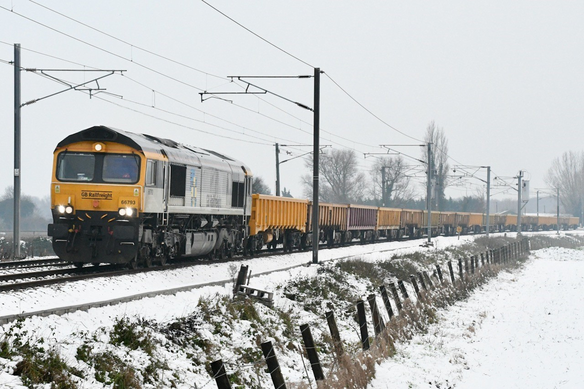 On the coldest day nationally since 2010, GB Railfreight Class 66 No. 66793 runs to time through Waterbeach on December 12th 2022 with 6L37, the 09.57 Hoo Junction to Whitemoor engineers' working. Photo: Michael Smyth.