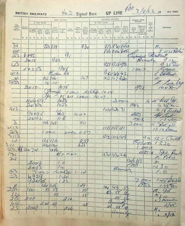 20231212-11-19620803-F-Woodford_Halse_No Woodford Halse No.2 Signal Box Train Register - Up Line, 3rd August 1962. Photo scanned by Gerard Fletcher; Train Register courtesy Richard Tremaine.