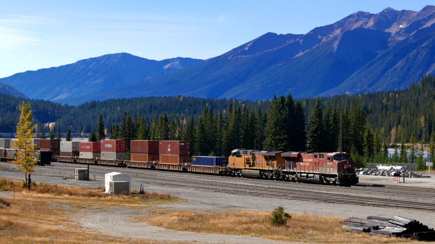 A Canadian Pacific intermodal train rolls into Field, BC for a crew change. Photo: Tony Field.