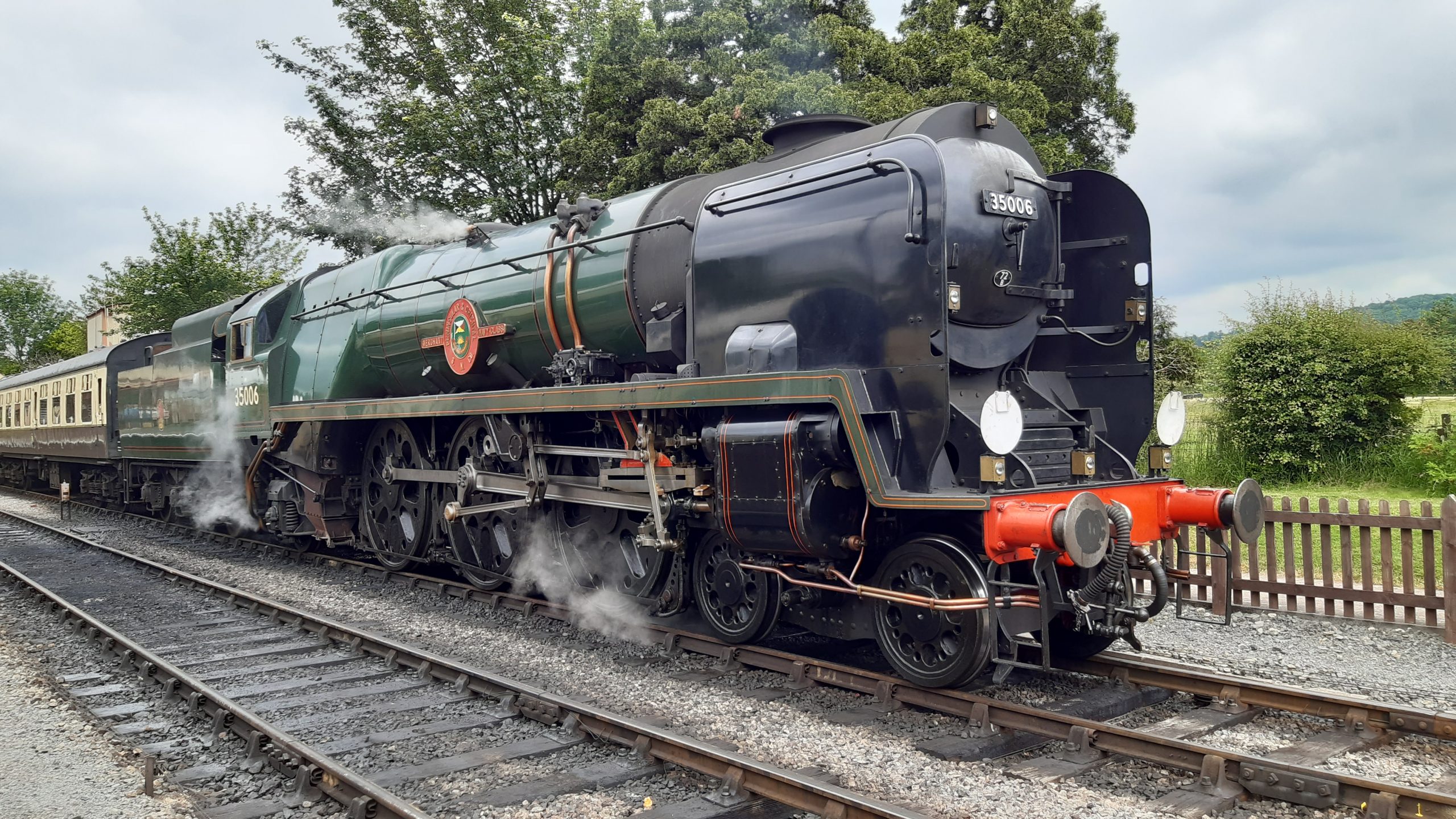 Merchant Navy 35006 'Peninsular and Oriental SN Co' awaiting departure from Toddington on the 14.35 to Cheltenham Racecourse, 17th June 2021