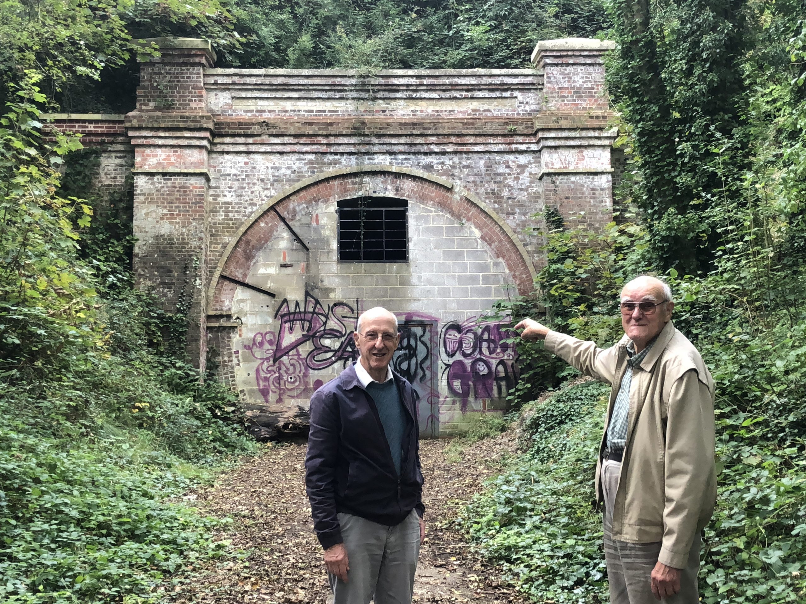 Alan Wallbank (left) and branch elder statesman Joe Whicher (right) enjoying a branch visit to the Centurion Way seen at the entrance to West Dean Tunnel. 05 October 2023