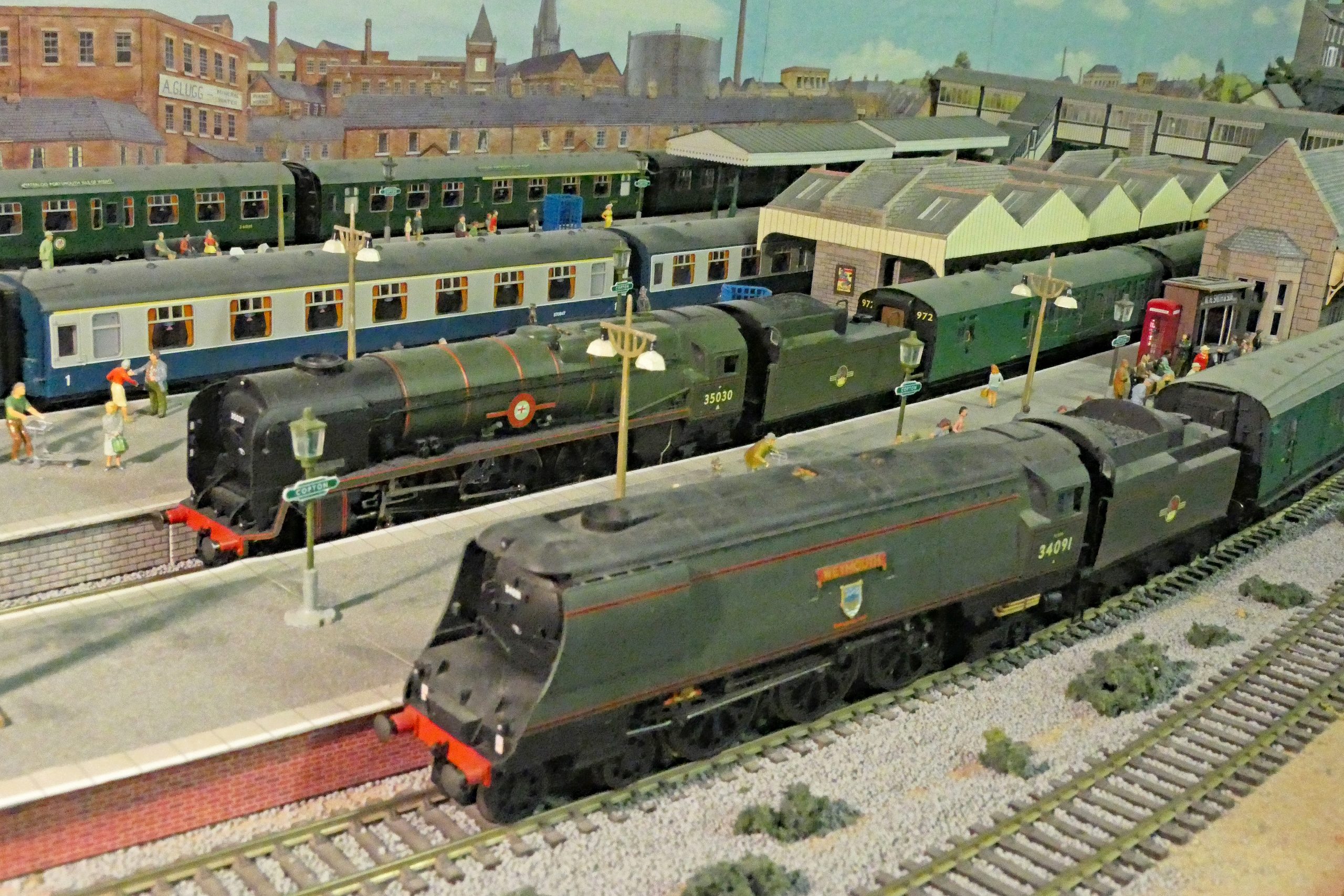 A busy fine Southern themed view in this 00 gauge layout