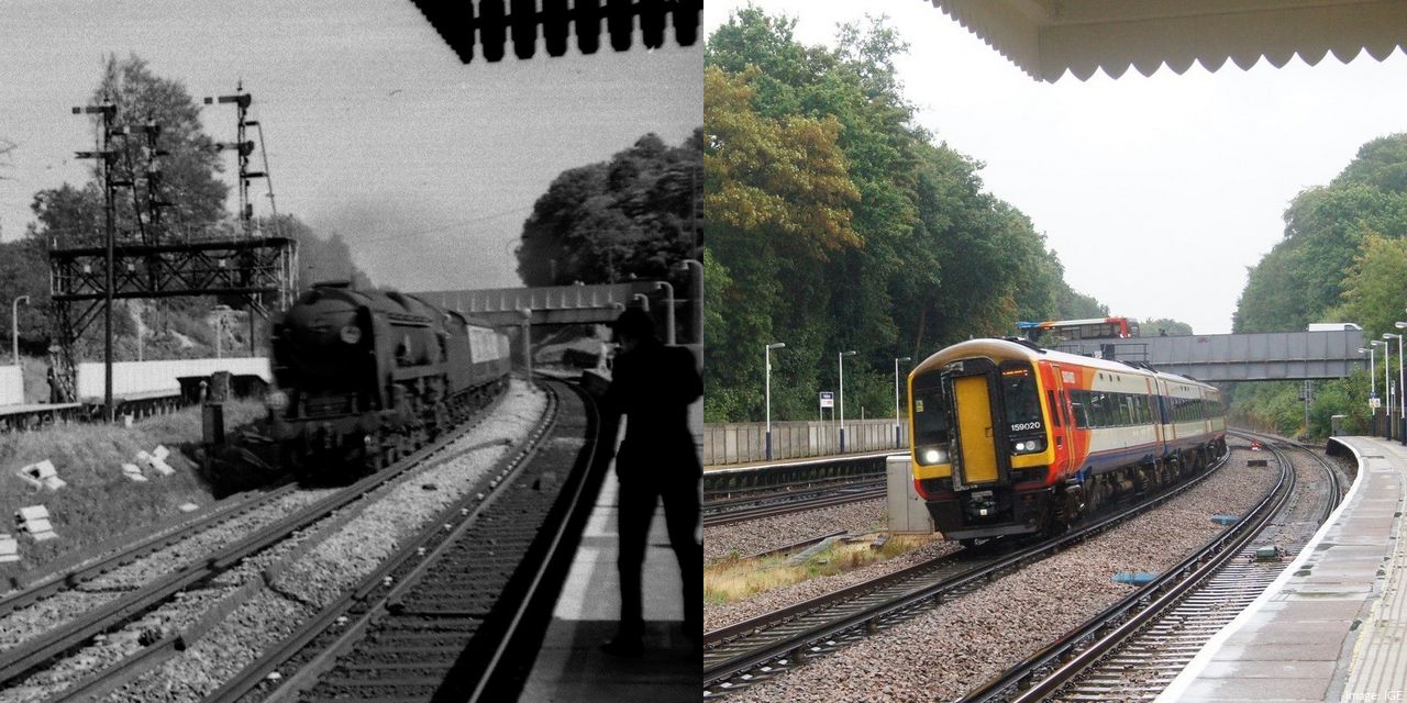 The Bournemouth Belle heads through Farnborough behind Merchant Navy 35012 'United States Lines' on 10 September 1966; and 50 years (and a couple of hours) later, a class 159 diesel unit rushes through on its way to Salisbury and Exeter. Images: Des Shepherd