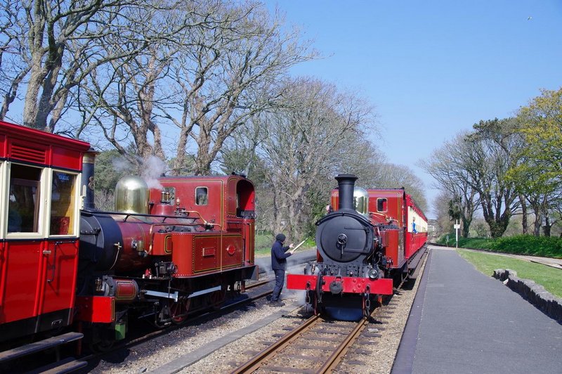 On the Isle of Man Steam Railway, Chris Meredith captured this image of Nos. 8 Fenella and 12 Hutchinson crossing - and on the point of exchanging tokens - at Castletown, on 12th April 2019.