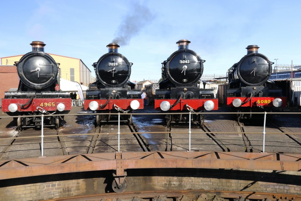 Line up of GWR locomotives around the turntable at Tyseley