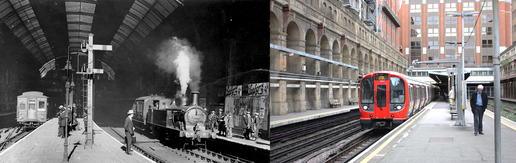Aldersgate Station (now Barbican), Then & Now. Image Credit: Brian Hardy