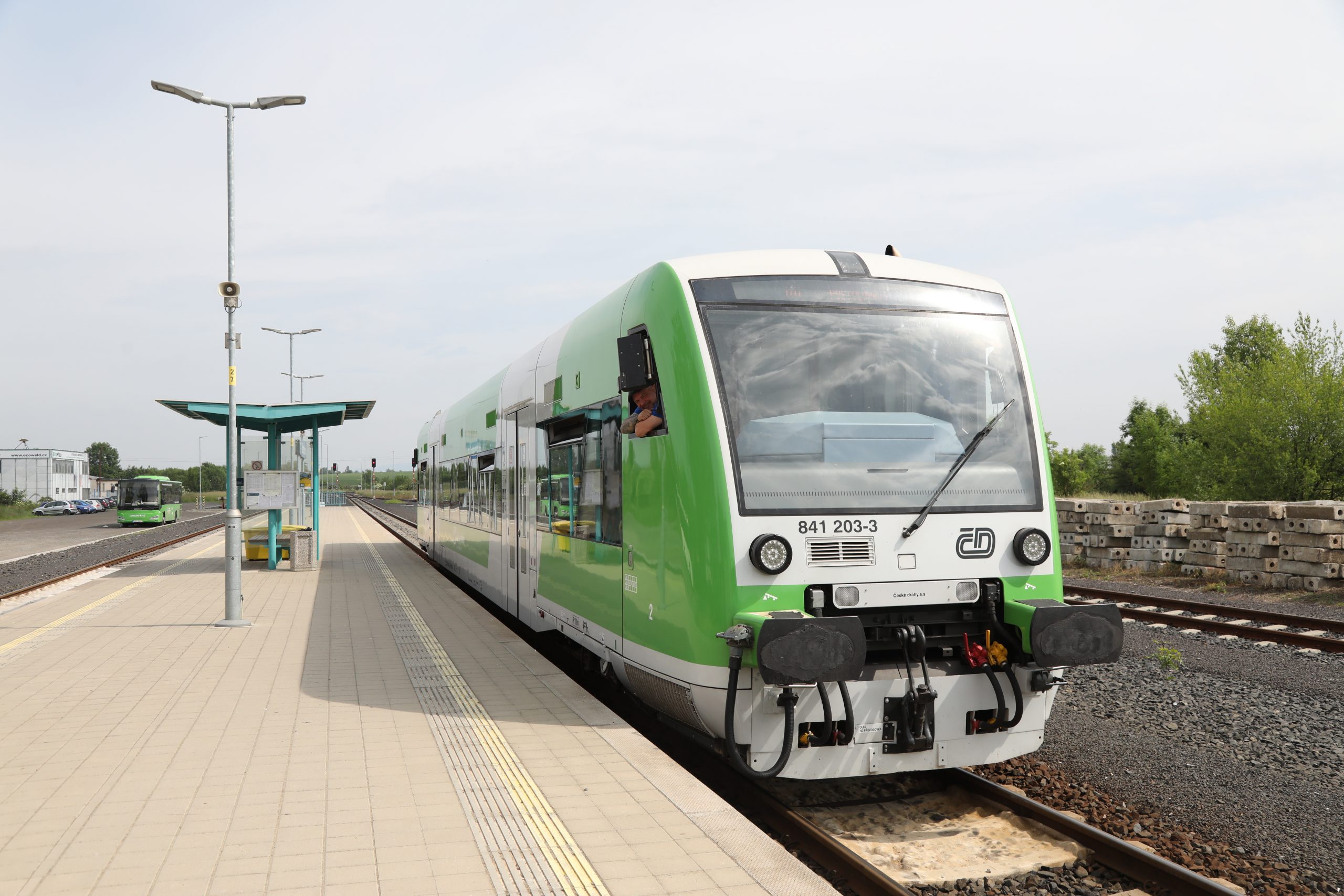 Palmer A - 54582593409_af610f99f3_o - CD 841-203 - Libochovice 01 June 2025 CD 841-203 at Libochovice having worked the truncated Os6106 the 09:44 from Litoměřice hor.n. on 1st June 2025. Had there not been engineering works, the train would have worked through to Postoloprty. This unit is an ex HzL (Germany) RS1 unit. Photo: A. Palmer.